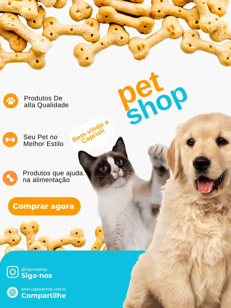 Um anúncio de pet shop com um filhote de golden retriever e um gato, ao lado de petiscos em formato de osso e ícones que representam produtos de qualidade, estilo pet e alimentos nutritivos.