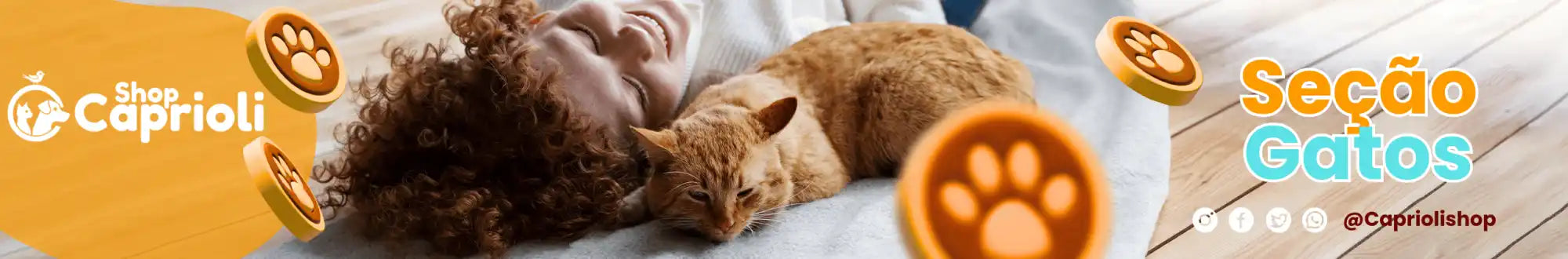 Um banner para uma seção de produtos para gatos, com um gato e ícones de pegadas.