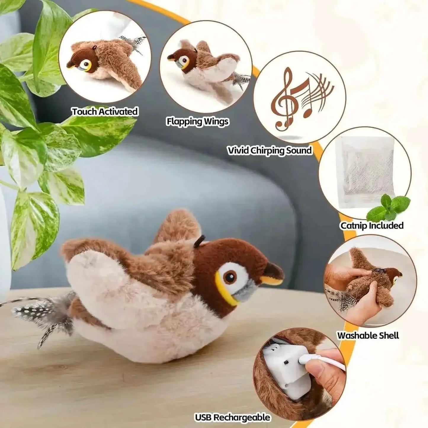 Brinquedo Interativo Elétrico para Gatos com Catnip | Caprioli Inter brinquedos gatos Flapping Bird