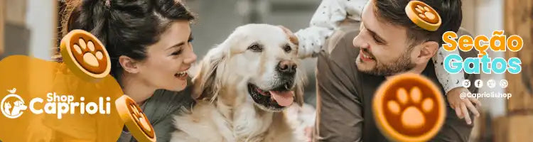 Um cachorro de retriever dourado sendo acariciado por um homem e uma mulher, com ícones de pegadas e texto sobre produtos para animais de estimação.