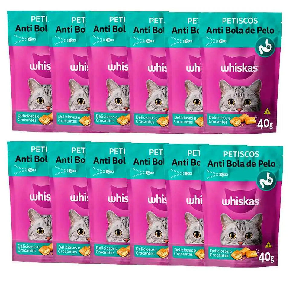 Kit 12 Petiscos Whiskas Temptations Antibola de Pelo 40g Sabor Irresistível | Caprioli Inter petisco para gatos