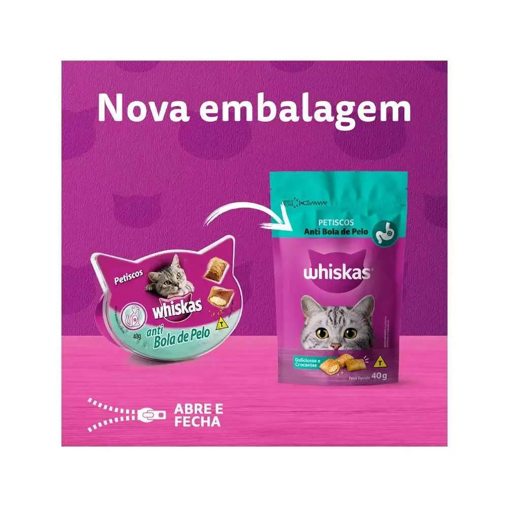 Kit 12 Petiscos Whiskas Temptations Antibola de Pelo 40g Sabor Irresistível | Caprioli Inter petisco para gatos