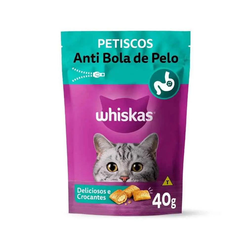 Kit 12 Petiscos Whiskas Temptations Antibola de Pelo 40g Sabor Irresistível | Caprioli Inter petisco para gatos