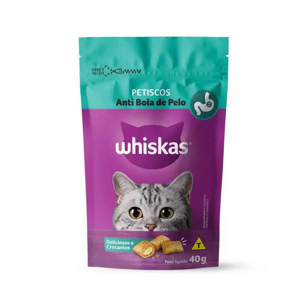 Kit 12 Petiscos Whiskas Temptations Antibola de Pelo 40g Sabor Irresistível | Caprioli Inter petisco para gatos