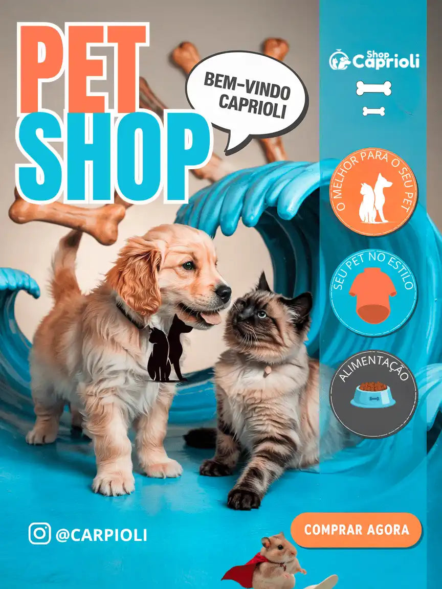 Cartaz promocional para uma loja de suprimentos para animais de estimação.