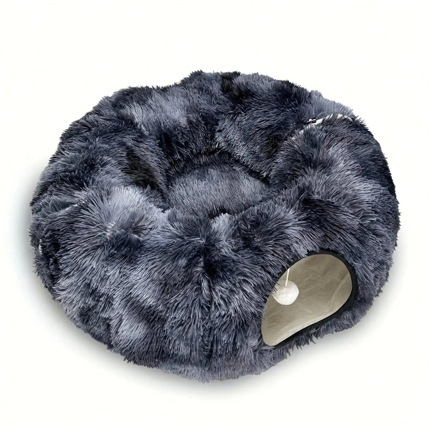 Túnel para Gatos com Cama Tapete e Passagem Conectável de Pelúcia Longa Lavável Profunda Sono - Preto