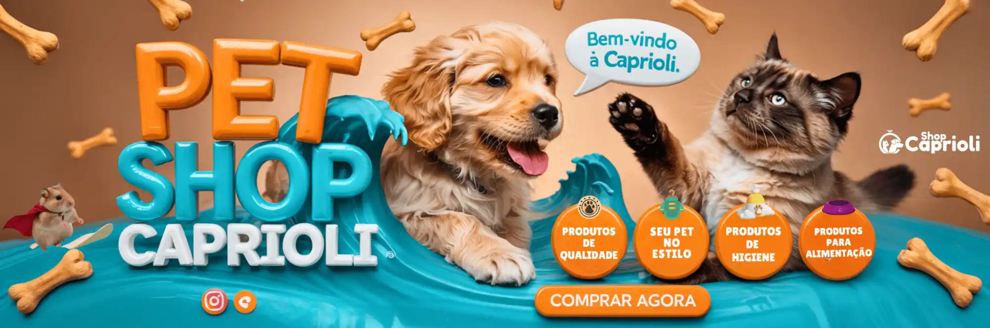Um anúncio vibrante para uma loja de animais, apresentando um cachorro brincalhão e um gato curioso, cercados por ossos flutuantes e uma onda azul, com chamadas para ação de produtos de qualidade, estilo pet, acessórios e alimentos.