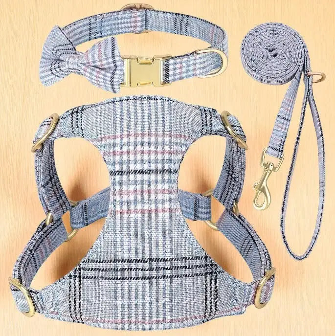 Conjunto Peitoral e Coleira Xadrez Ajustável para Cães Pequenos | Caprioli Inter Coleiras Guias Peitorais Azul / XXS
