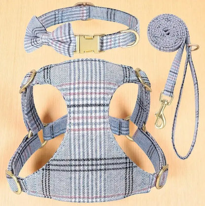 Conjunto Peitoral e Coleira Xadrez Ajustável para Cães Pequenos | Caprioli Inter Coleiras Guias Peitorais Azul / XXS