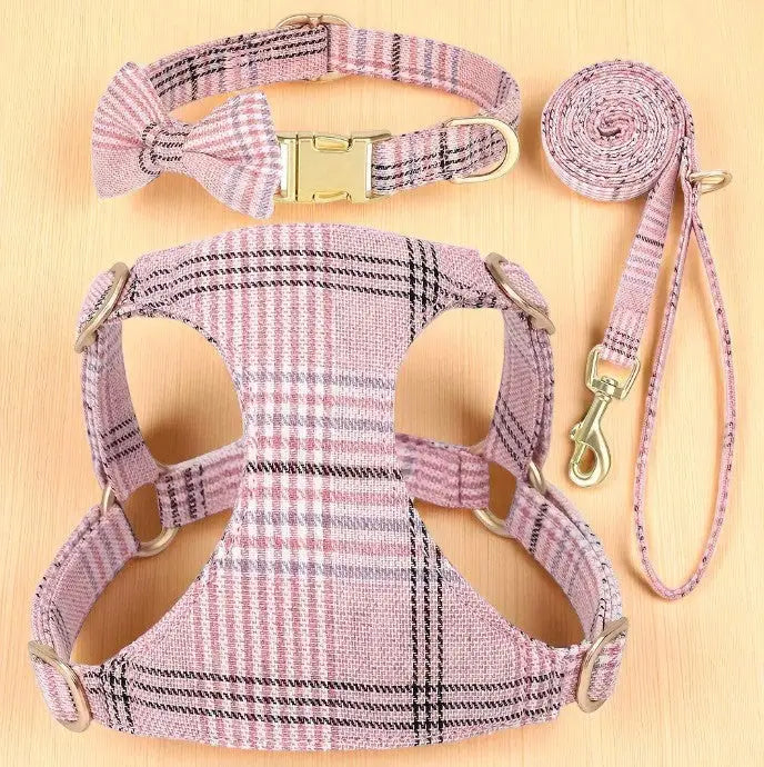 Conjunto Peitoral e Coleira Xadrez Ajustável para Cães Pequenos | Caprioli Inter Coleiras Guias Peitorais Cor rosa / XXS