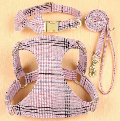 Conjunto Peitoral e Coleira Xadrez Ajustável para Cães Pequenos | Caprioli Inter Coleiras Guias Peitorais Cor rosa / XXS
