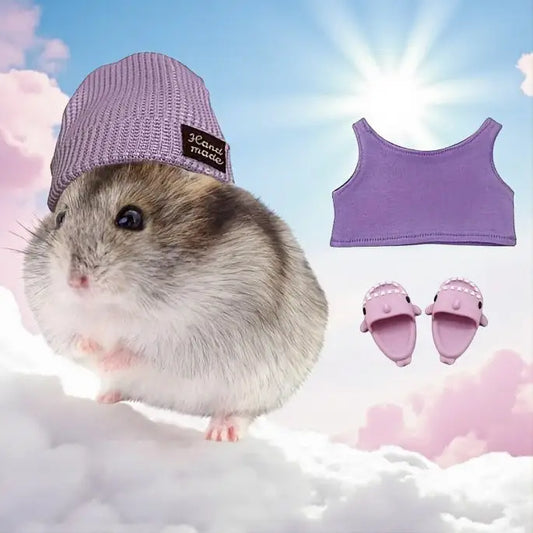 Roupas para Hamster - Camisa Chapéu e Chinelos | Caprili Inter - roupa acessorio roedores - Terno Roxo