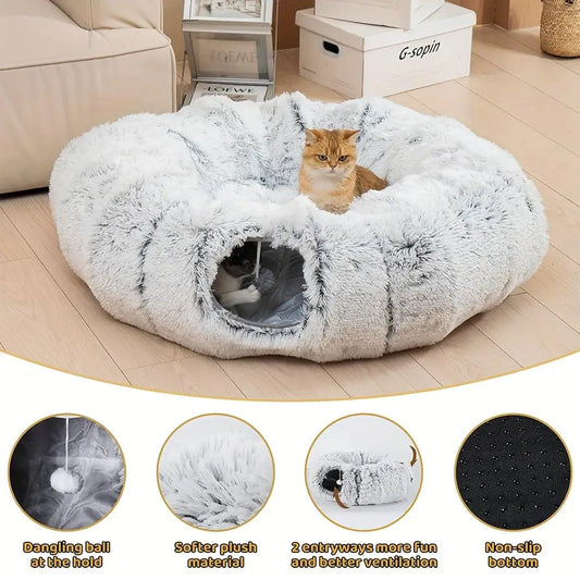 Túnel para Gatos com Cama Tapete e Passagem Conectável de Pelúcia Longa Lavável Profunda Sono