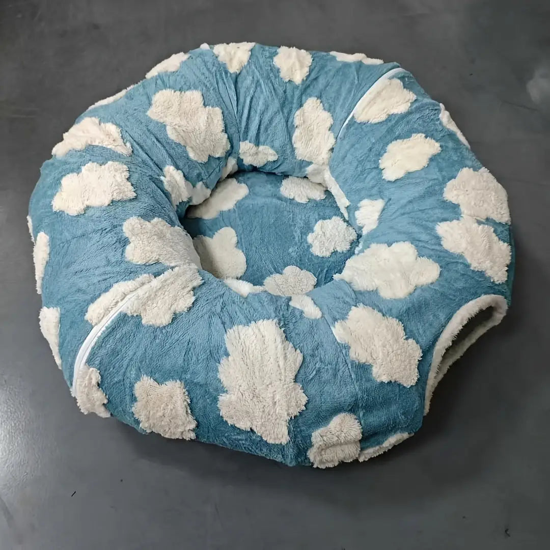 Túnel para Gatos com Cama Tapete e Passagem Conectável de Pelúcia Longa Lavável Profunda Sono - Azul