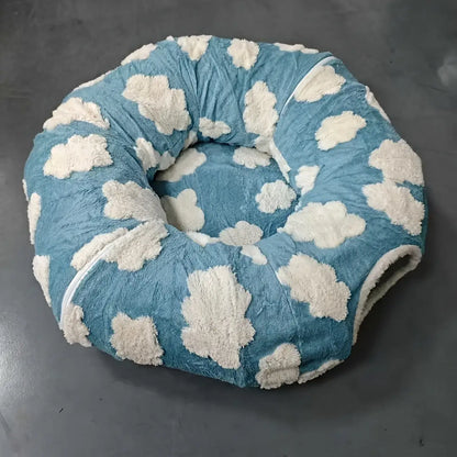 Túnel para Gatos com Cama Tapete e Passagem Conectável de Pelúcia Longa Lavável Profunda Sono - Azul