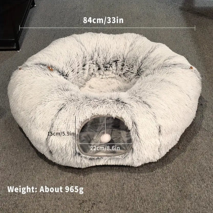 Túnel para Gatos com Cama Tapete e Passagem Conectável de Pelúcia Longa Lavável Profunda Sono