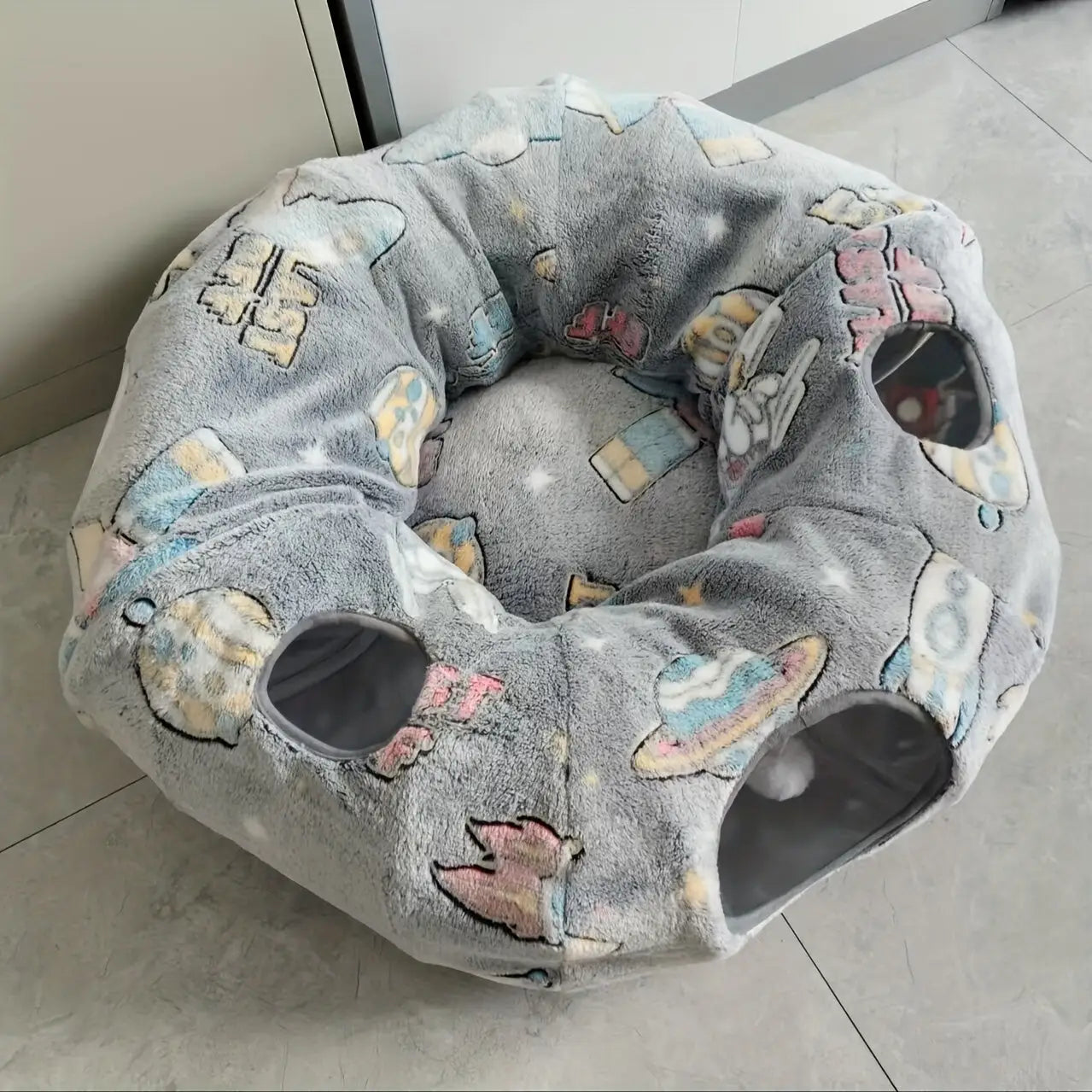 Túnel para Gatos com Cama Tapete e Passagem Conectável de Pelúcia Longa Lavável Profunda Sono - Barco-Cinza