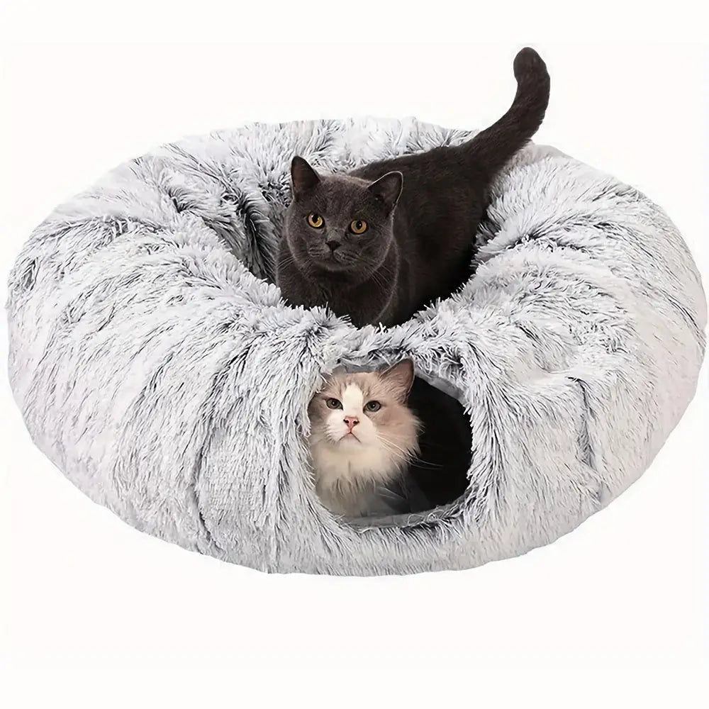 Túnel para Gatos com Cama Tapete e Passagem Conectável de Pelúcia Longa Lavável Profunda Sono - Moda