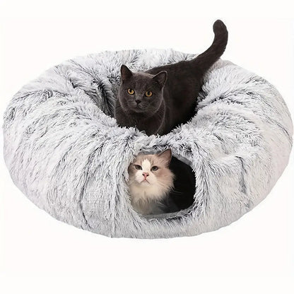 Túnel para Gatos com Cama Tapete e Passagem Conectável de Pelúcia Longa Lavável Profunda Sono - Moda