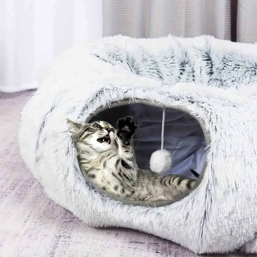 Túnel para Gatos com Cama Tapete e Passagem Conectável de Pelúcia Longa Lavável Profunda Sono