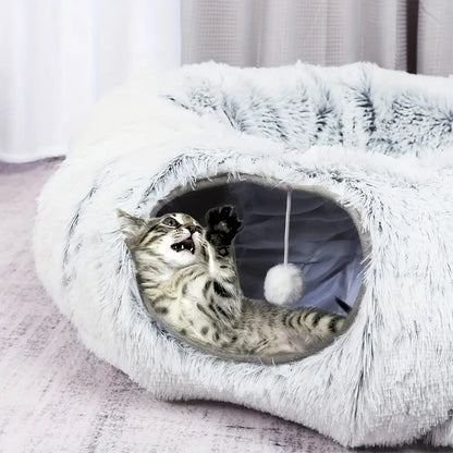 Túnel para Gatos com Cama Tapete e Passagem Conectável de Pelúcia Longa Lavável Profunda Sono