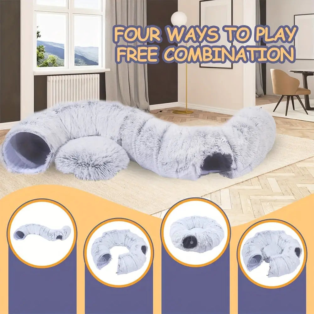 Túnel para Gatos com Cama Tapete e Passagem Conectável de Pelúcia Longa Lavável Profunda Sono