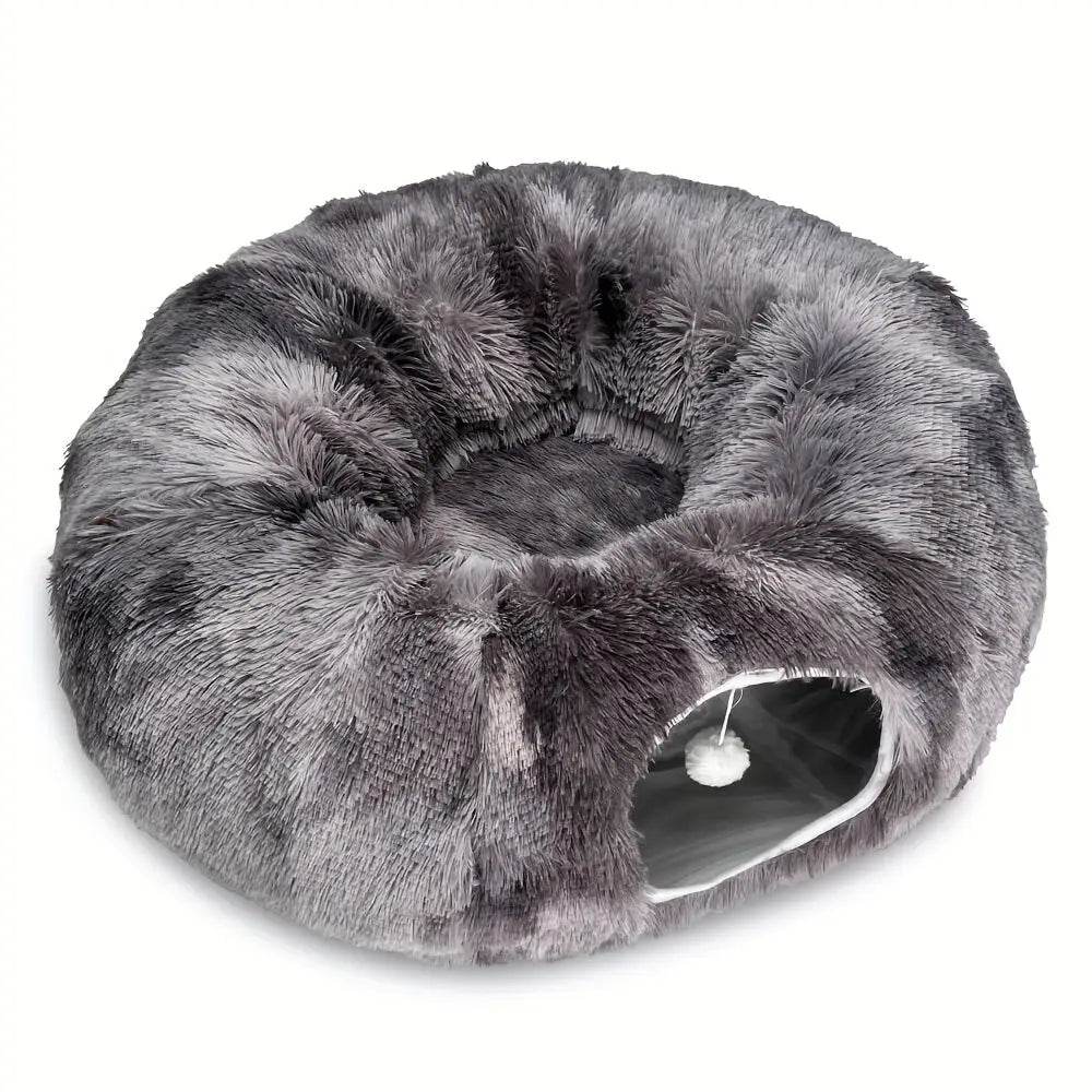 Túnel para Gatos com Cama Tapete e Passagem Conectável de Pelúcia Longa Lavável Profunda Sono - Cinza Escuro